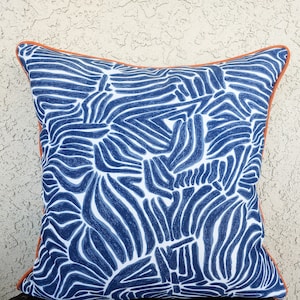 Blue Zebra Print Pillow Cover: Tropical Decor with Orange Piping