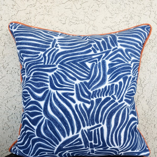 Blue outdoor pillow cover zebra print, animal print pillowcase abstract tropical print pillow cover Country Decor Orange fabric piping