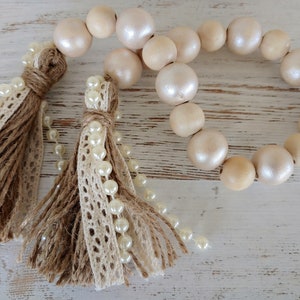 Farmhouse Natural Wood Bead Garland, Tiered Tray Decor, beaded Garland, natural beads, Farmhouse decor, Garland with Tassel