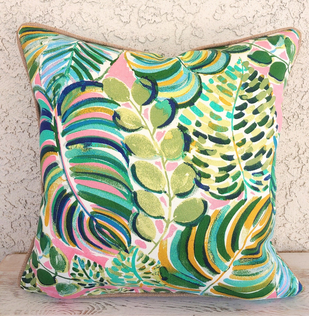 Tropical Decor Green Outdoor Pillow Covers, Palm Leaf Pillowcase, Pink