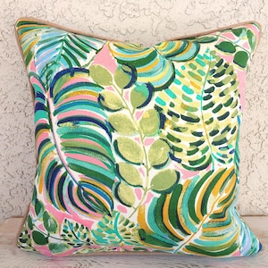 Tropical decor Green outdoor pillow covers, palm leaf pillowcase, pink outdoor cushion cover/Outdoor Fabric/ Home Decor Accent Pillow