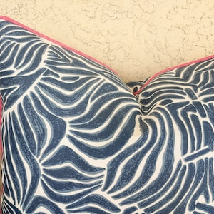 Blue Zebra Print Pillow Cover: Tropical Abstract with Pink Piping