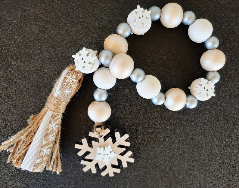 Christmas Wood Bead Garland, Snowflake Wood Beads with Tassel, Farmhouse Beads, Wood Beads, Tiered Tray, Winter Wood Beads, Christmas Gift image 6