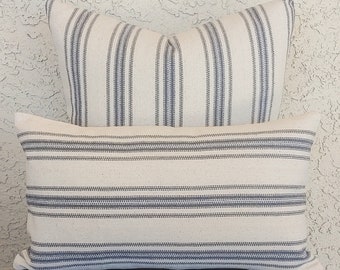 Handmade Blue Striped Grain Sack Pillow Cover: Farmhouse Decor