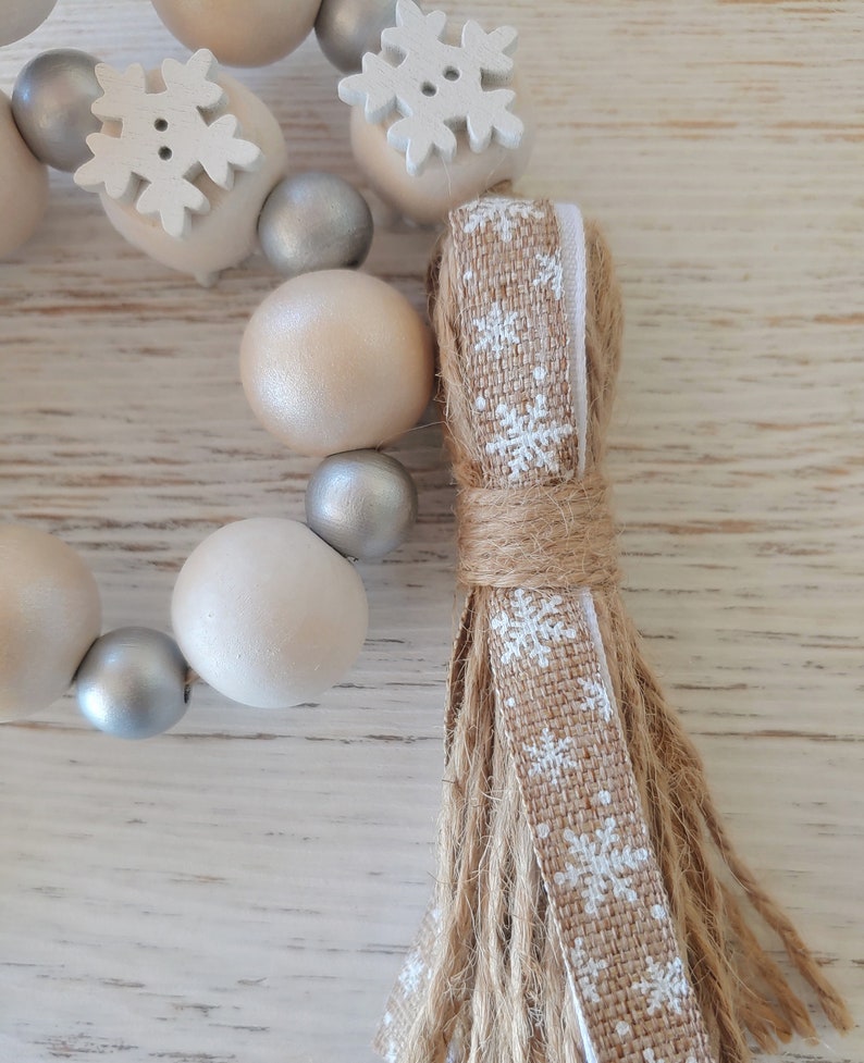 Christmas Wood Bead Garland, Snowflake Wood Beads with Tassel, Farmhouse Beads, Wood Beads, Tiered Tray, Winter Wood Beads, Christmas Gift Beige ribbon