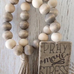 Farmhouse Natural Wood Bead Garland, Tiered Tray Decor, beaded Garland, natural beads, Farmhouse decor, Garland with Tassel