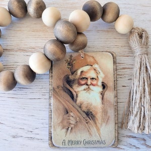 Christmas Wood Bead Garland, Santa Wood Beads with Tassel, Farmhouse Beads, Wood Beads, Tiered Tray, Winter Wood Beads, Christmas Gift