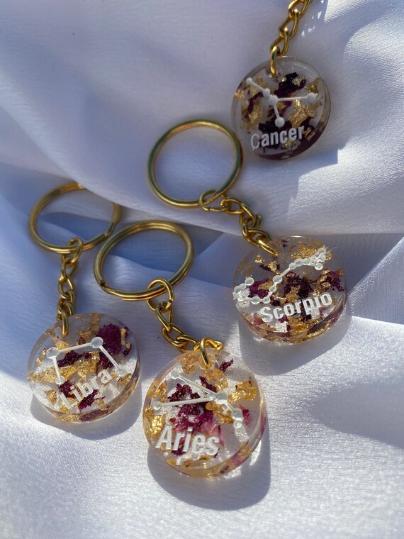 Rose & Gold Zodiac Keychain / Zodiac Keychain /Resin Keychain / Constellation /Gold Keychain / Atrology / Horoscope / Taurus / Scorpio