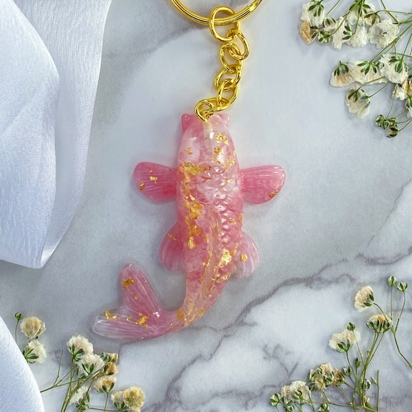 Pink Quartz Koi Fish Keychain / Purse Accessory / Good Luck Charm / Resin / Sakura Style / Fish Pond / Goldfish Keychain / Gift / For Her
