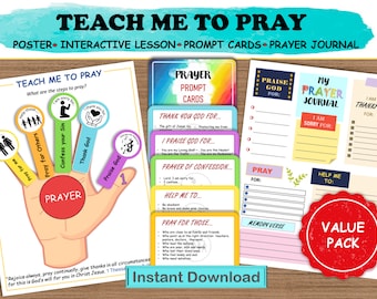 Teach Me To Pray Printable Pack, Steps To Prayer Activity, Prayer Prompt Cards, Prayer Journal, Christian Kids Activity, Sunday School