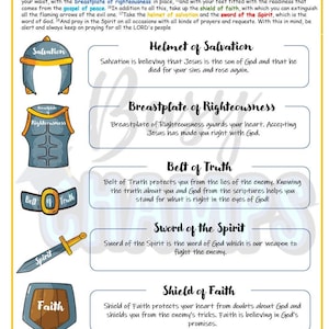 May include: A colorful infographic illustrating the armor of God, based on Ephesians 6:10-18. The infographic features a helmet, breastplate, belt, sword, shield, and shoes, each representing a different aspect of spiritual protection. The text describes each piece of armor and its significance.