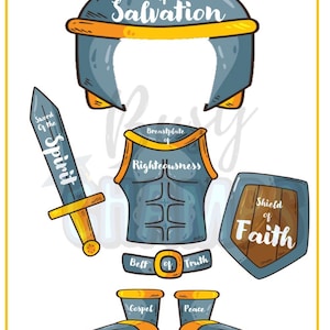 May include: A printable paper craft activity for kids featuring a knight's armor with different parts labeled with biblical references. The armor includes a helmet, breastplate, belt, sword, shield, and shoes. The text on the image reads "Helmet of Salvation", "Sword of the Spirit", "Breastplate of Righteousness", "Belt of Truth", "Shield of Faith", "Gospel", and "Peace".