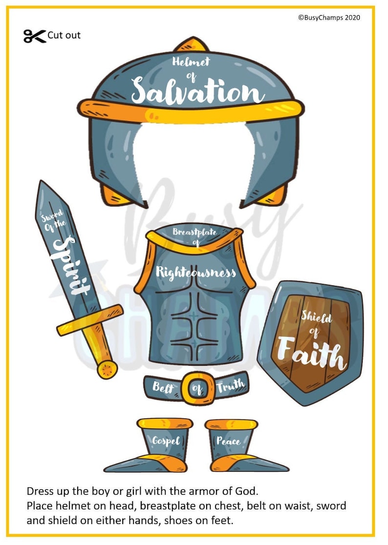 May include: A printable paper craft activity for kids featuring a knight's armor with different parts labeled with biblical references. The armor includes a helmet, breastplate, belt, sword, shield, and shoes. The text on the image reads "Helmet of Salvation", "Sword of the Spirit", "Breastplate of Righteousness", "Belt of Truth", "Shield of Faith", "Gospel", and "Peace".