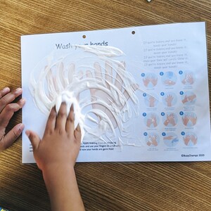 May include: A child's hand is shown applying white foam to a poster with instructions on how to wash hands. The poster has the text "Wash your hands" and a series of illustrations showing the steps for proper handwashing. The poster also includes the text "If you're happy and you know it, wash your hands!" and "Busy Champs 2020."
