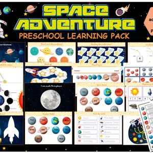 May include: A colorful printable space-themed preschool learning pack with 18 activities and posters. The pack includes activities like learning the solar system, counting, matching, and tracing letters. The pack also includes a poster with space-related vocabulary words.