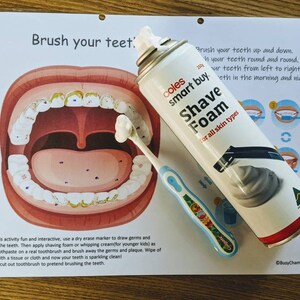 K&ouml;nnte beinhalten: Eine wei&szlig;e Dose Coles Smart Buy Rasierschaum f&uuml;r alle Hauttypen, eine blaue Zahnb&uuml;rste mit einem wei&szlig;en B&uuml;rstenkopf und eine bunte Illustration eines Mundes mit Z&auml;hnen. Die Illustration zeigt wei&szlig;en Schaum auf den Z&auml;hnen und schwarze Punkte, die Keime darstellen. Der Text auf der Dose lautet "Coles Smart Buy Rasierschaum f&uuml;r alle Hauttypen".