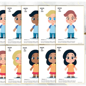 May include: A printable pack of diverse children's illustrations. Each illustration features a child with different skin tones, hair colors, and clothing. The text on the illustrations reads "Armor of God" and a Bible verse from Ephesians 6:11.