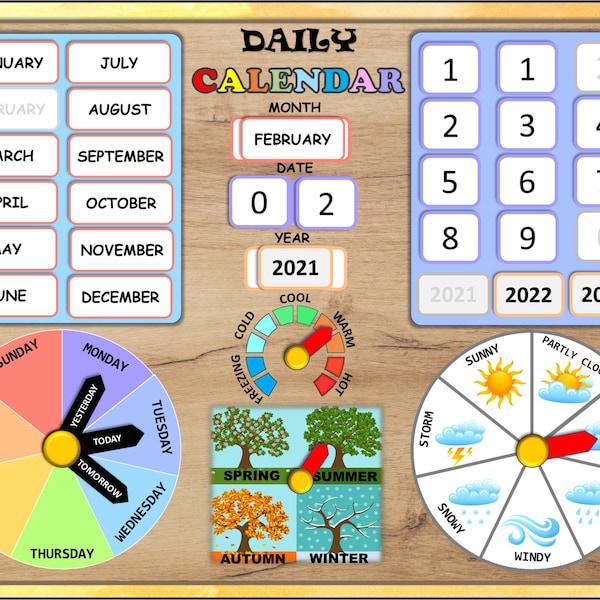 Daily calendar printable, Calendar chart for kids, Circle time , Days of the week, Months, Seasons, Dates, Weather, Montessori, Homeschool