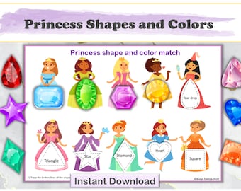 Shapes and colors busy book page, Princess theme printable activity, busy book worksheets, Shapes and color matching, homeschool resources