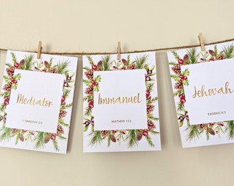 May include: Three white cards with gold lettering and a green and red floral border. The cards read "Mediator", "Immanuel", and "Jehovah". Each card also includes a Bible verse.