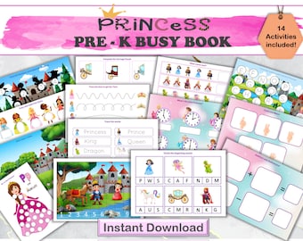 Beschäftigtes Buch für Vorschulkinder, beschäftigtes Buch mit Prinzessinnen-Thema, Lernbinder-Aktivitätenblätter, Vorschulaktivitäten, pädagogisches Printable, Heimschule