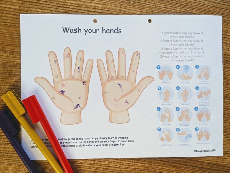 K&ouml;nnte beinhalten: Ein druckbares Diagramm mit Anweisungen zum H&auml;ndewaschen. Das Diagramm enth&auml;lt eine Comic-Hand mit Keimen darauf und eine Reihe von Schritten, die zeigen, wie man sich richtig die H&auml;nde w&auml;scht. Der Text auf dem Diagramm lautet "H&auml;nde waschen" und "Wenn du gl&uuml;cklich bist und es wei&szlig;t, wasche dir die H&auml;nde!"