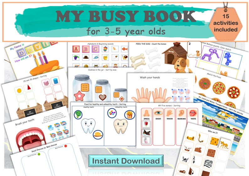 K&ouml;nnte beinhalten: Ein buntes, druckbares Besch&auml;ftigungsbuch f&uuml;r 3-5-J&auml;hrige mit 15 Aktivit&auml;ten. Das Cover zeigt den Titel "My Busy Book" und den Text "for 3-5 year olds". Das Buch enth&auml;lt Aktivit&auml;ten wie das Erlernen des Alphabets, Z&auml;hlen, Sortieren und Zuordnen.