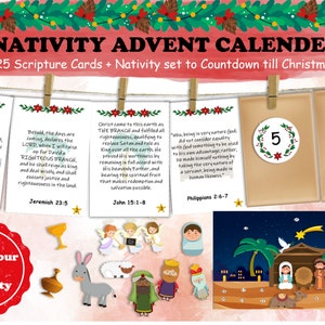 May include: Nativity Advent Calendar with 25 scripture cards and a nativity set. The image shows cards with Bible verses, numbered pouches, and nativity figures. The text reads "Build your own Nativity".