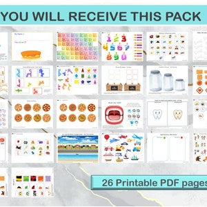 K&ouml;nnte beinhalten: Ein Set mit 26 druckbaren PDF-Seiten f&uuml;r Kinder. Die Seiten bieten verschiedene Aktivit&auml;ten, darunter Zuordnen, Z&auml;hlen und Nachzeichnen. Die Seiten sind farbenfroh und ansprechend und perfekt, um Kindern beim Lernen und Wachsen zu helfen.