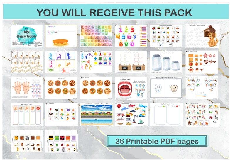K&ouml;nnte beinhalten: Ein Set mit 26 druckbaren PDF-Seiten f&uuml;r Kinder. Die Seiten bieten verschiedene Aktivit&auml;ten, darunter Zuordnen, Z&auml;hlen und Nachzeichnen. Die Seiten sind farbenfroh und ansprechend und perfekt, um Kindern beim Lernen und Wachsen zu helfen.