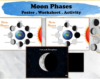 Moon Phases Printable Worksheets, Space Science Lesson, Preschool Homeschool, Pre-K, Kindergarten Activities, Montessori Printables ,