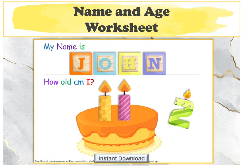 Kindergarten Activity Download Name and Age page Spell My Name Binder Cover Printable Busy Book Page Pre-K Name Spelling Worksheet