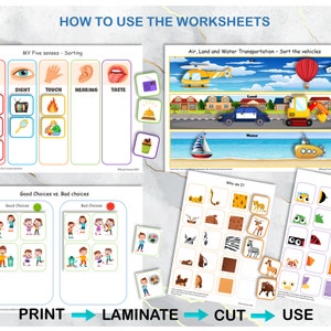 K&ouml;nnte beinhalten: Ein Satz druckbarer Lernspiele f&uuml;r Kinder. Die Arbeitsbl&auml;tter zeigen bunte Illustrationen und Aktivit&auml;ten rund um die f&uuml;nf Sinne, Transportmittel, gute und schlechte Entscheidungen sowie die Identifizierung von Tieren. Die Anweisungen oben auf der Seite erkl&auml;ren, wie man die Arbeitsbl&auml;tter verwendet: Drucken, laminieren, ausschneiden und verwenden.