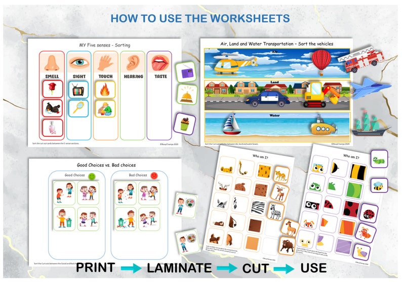 K&ouml;nnte beinhalten: Ein Satz druckbarer Lernspiele f&uuml;r Kinder. Die Arbeitsbl&auml;tter zeigen bunte Illustrationen und Aktivit&auml;ten rund um die f&uuml;nf Sinne, Transportmittel, gute und schlechte Entscheidungen sowie die Identifizierung von Tieren. Die Anweisungen oben auf der Seite erkl&auml;ren, wie man die Arbeitsbl&auml;tter verwendet: Drucken, laminieren, ausschneiden und verwenden.