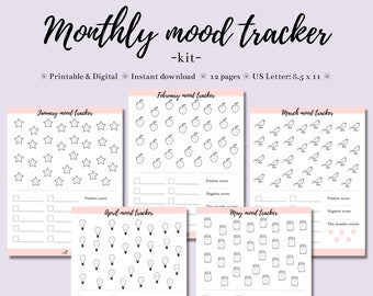 Monthly mood tracker - Kit | Mood journal | Mood tracker printable | Mood tracker | Wellness tracker | Wellness journal | Mood tracker pdf
