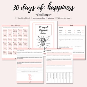 Pode incluir: Um diário de 30 dias para um desafio de felicidade imprimível com páginas rosa e brancas. O diário inclui prompts para autocuidado, gentileza e conexão com sua criança interior. A capa apresenta uma ilustração de desenho animado de uma criança com os braços levantados.