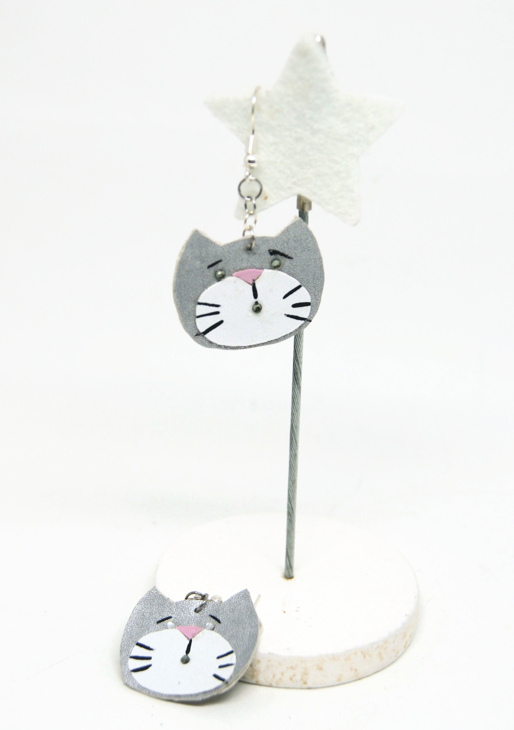 Grey Cat head earrings Cat leather earrings Cat earrings Etsy