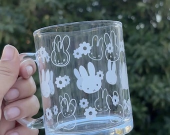 Miffy Glass Mug | 12 oz White Vinyl Bunny & Floral Cup