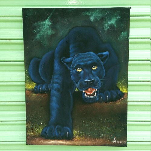 Black Panther, Cougar, shops Jaguar Hunting stalking portrait, Big Cat, Original oil painting on black velvet by Argo size (24