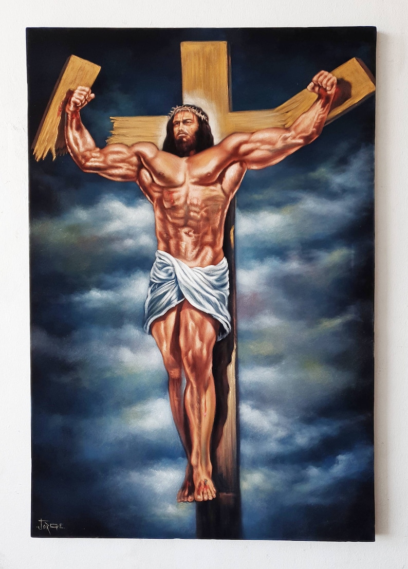 Muscle Jesus on Cross original Oil Painting on Black Velvet, by Artist