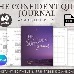 May include: A journal titled "The Confident Quit Journal" with a purple cover and the text "Self-Discovery for Bold Transitions." The image includes pages with tables of contents and daily planning sheets. The journal is available in A4 and US Letter sizes.