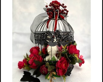 Medium Hanging Bird Cage with Flowers Decorative black bird cage Wedding decor birdcage Flower pot holder Garden decor Black Bird house