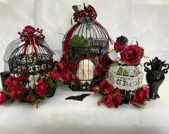 Set Hanging White Bird Cage with Flowers Decorative bird cage Wedding birdcage Wedding decor Flower pot holder Garden decor Bird house