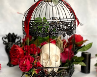 Big Hanging Black Bird Cage with Flowers, Decorative bird cage, Wedding birdcage, Wedding decor, Flower pot holder, Garden decor, Bird house