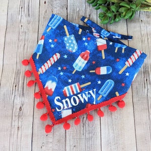 PATRIOTIC dog bandana, dog bandana, American dog bandana, tie on dog bandana, patriotic dog bandana, dog bandanna, pom pom dog bandana