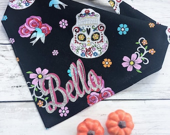 HALLOWEEN  Dog Bandana, Pumpkin patch dog bandana, fall dog bandana, dog bandana with matching scrunchie, Skulls dog bandana