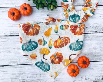 Personalized PUMPKINS Dog Bandana, Pumpkin patch dog bandana, fall dog bandana, dog bandana with matching scrunchie, Halloween dog bandana