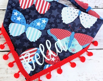 PATRIOTIC dog bandana, dog bandana, American dog bandana, butterfly dog bandana, patriotic dog bandana, dog bandanna, pom pom dog bandana