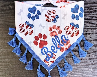 PATRIOTIC dog bandana, dog bandana, American dog bandana, tie on dog bandana, patriotic dog bandana, dog bandanna, pom pom dog bandana