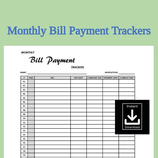 Instant Download - Monthly Bill Payment Trackers! In 8 colors in 1 pdf file!